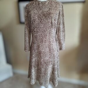 Vintage Lurex Women’s Brown & Cream Patterned Long-Sleeve Dress
